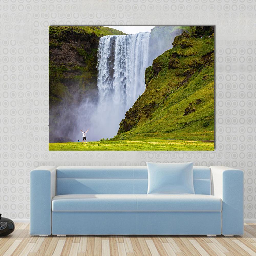 Grand Waterfall Iceland Canvas Wall Art in white, gray and green, single panel hung on a wall