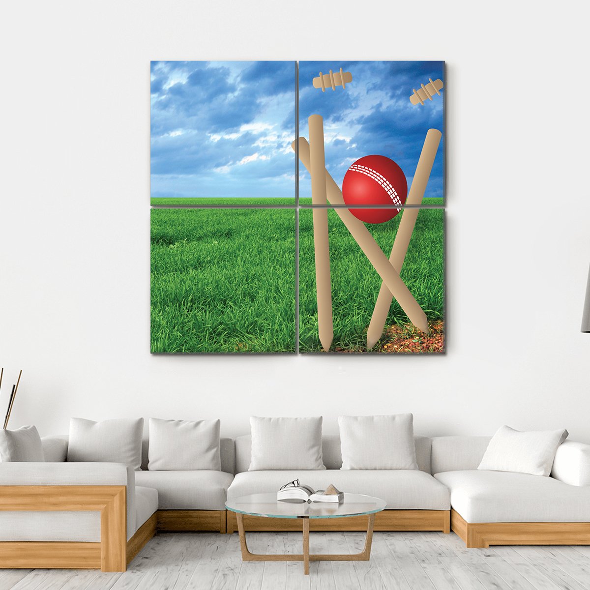 Grass And Cricket Set With Blue Sky Canvas Wall Art-4 Square-Gallery Wrap-17" x 17"-Tiaracle
