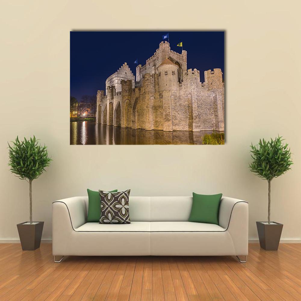 Gravensteen Castle Belgium Canvas Wall Art in gray, brown and blue, single panel hung on a wall