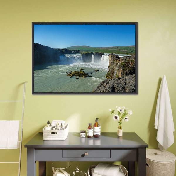 Great Godafoss Waterfalls Canvas Wall Art-1 Piece-Floating Frame-24" x 16"-Tiaracle