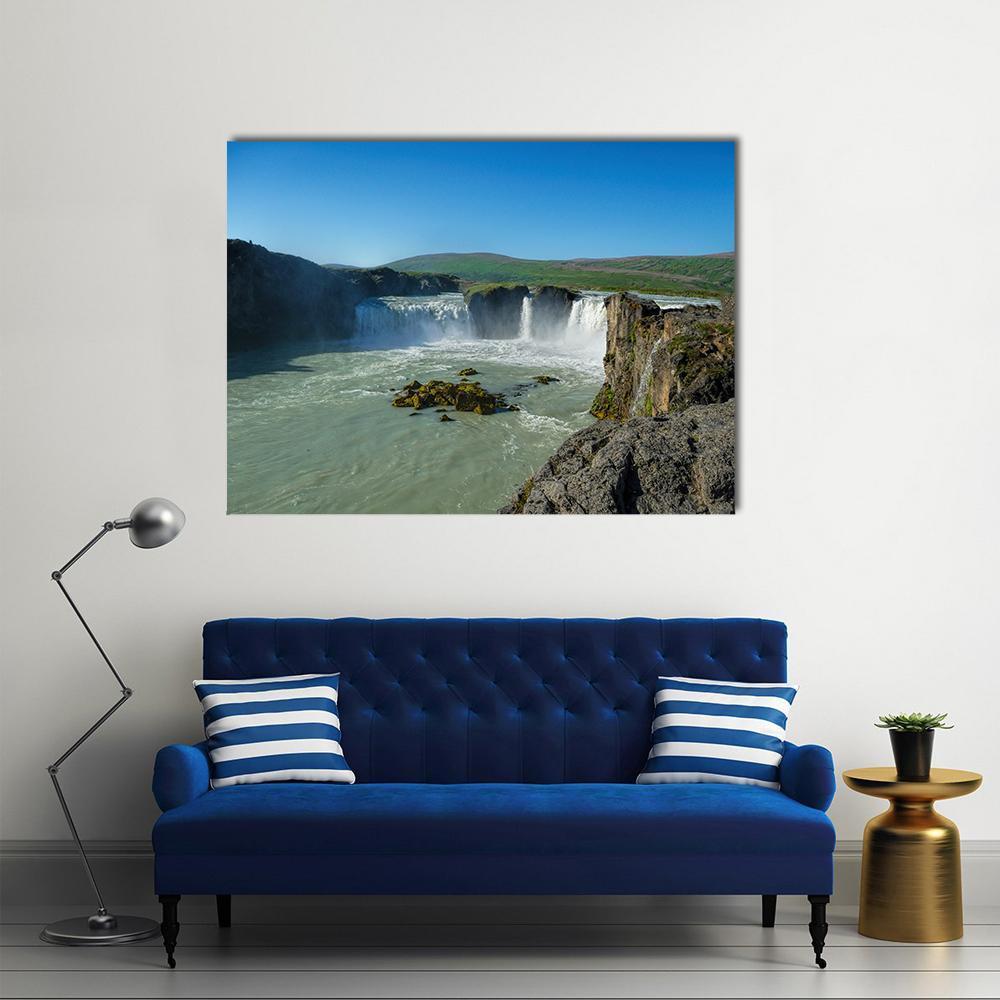 Godafoss Horseshoe Waterfall Iceland Canvas Wall Art in gray, green and blue, single panel hung on a wall