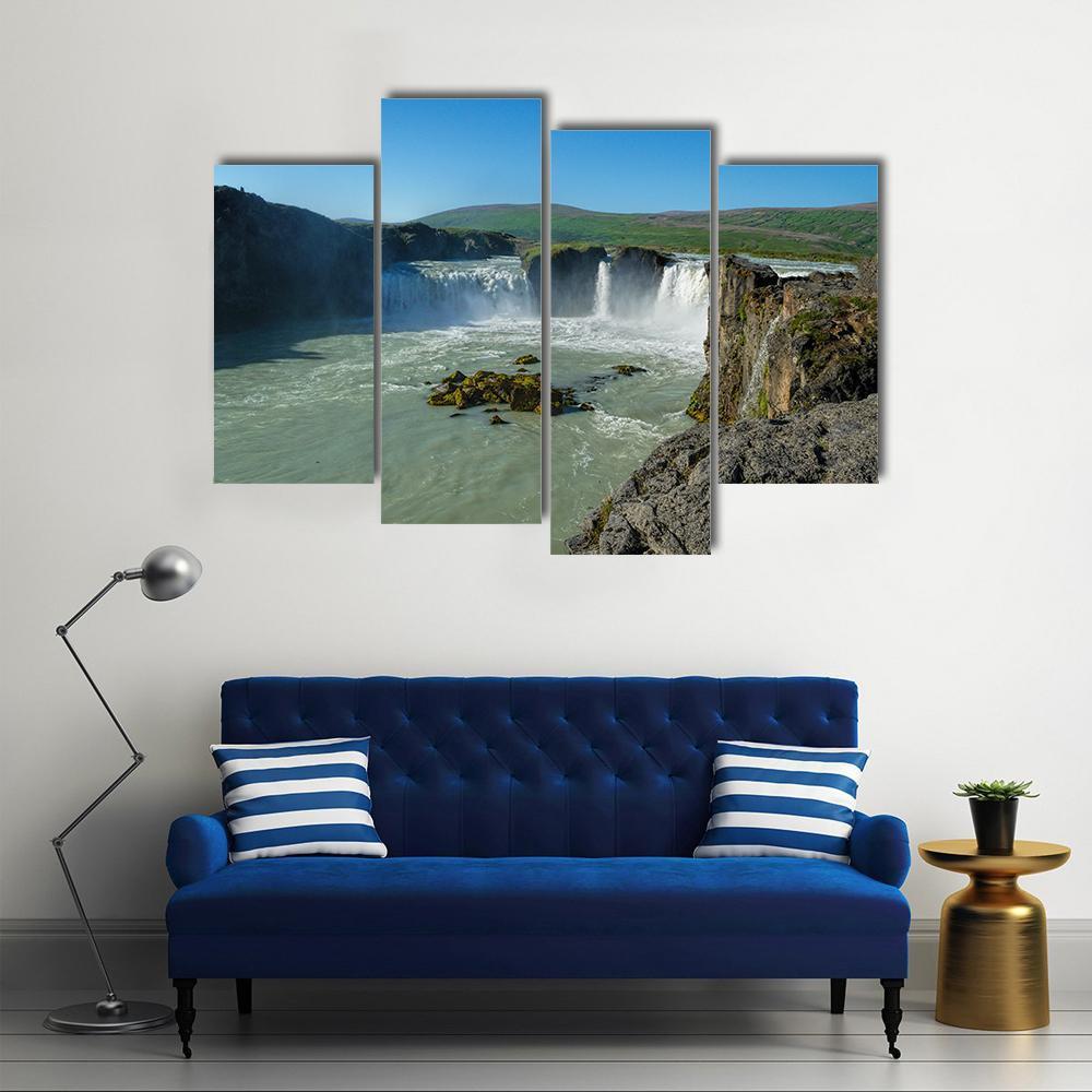 Great Godafoss Waterfalls Canvas Wall Art-4 Pop-Gallery Wrap-50" x 32"-Tiaracle