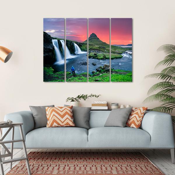 Great Kirkjufellsfoss Waterfall Canvas Wall Art-4 Horizontal-Gallery Wrap-34" x 24"-Tiaracle
