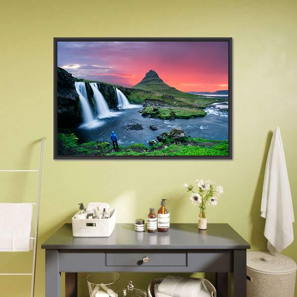 Great Kirkjufellsfoss Waterfall Canvas Wall Art-1 Piece-Floating Frame-24" x 16"-Tiaracle