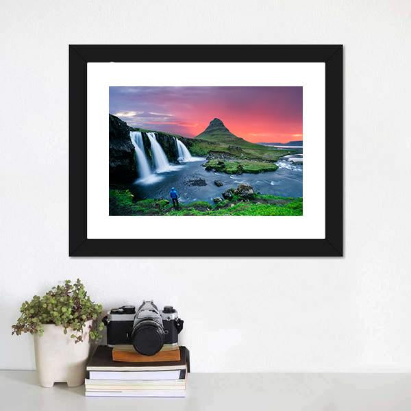 Great Kirkjufellsfoss Waterfall Canvas Wall Art-1 Piece-Framed Print-20" x 16"-Tiaracle
