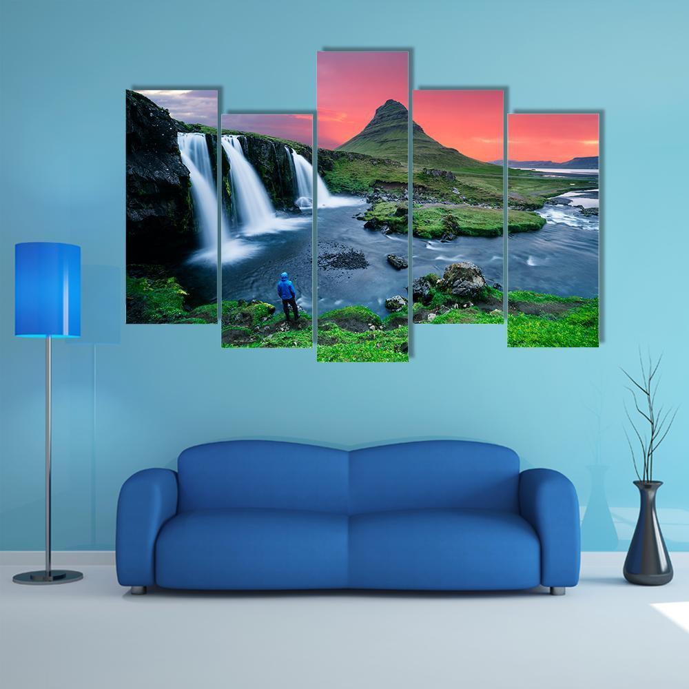 Great Kirkjufellsfoss Waterfall Canvas Wall Art-5 Pop-Gallery Wrap-47" x 32"-Tiaracle