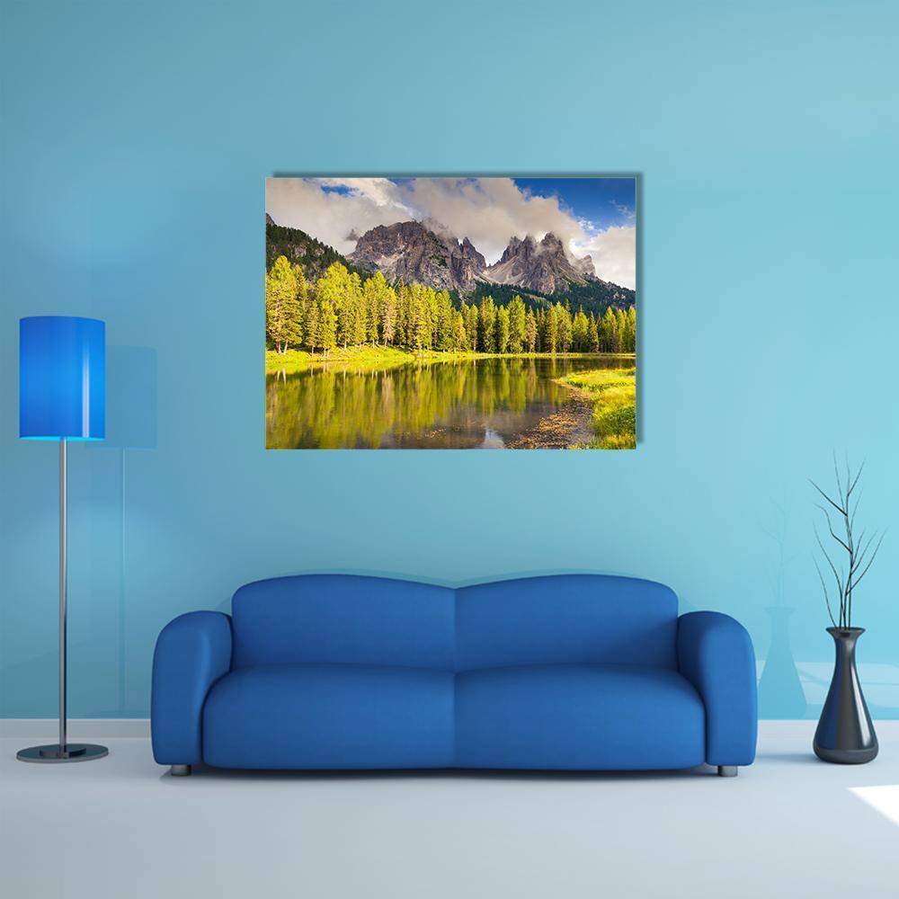 Great Lake Antorno Canvas Wall Art in yellow, green and blue, single panel hung on a wall