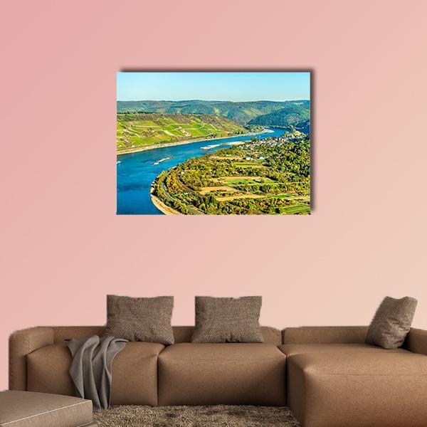 Rhine River Bend at Boppard Canvas Wall Art in green and blue, single panel hung on a wall
