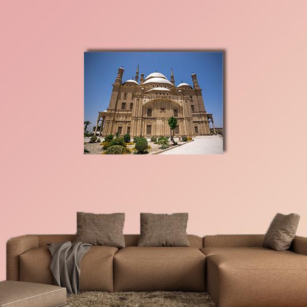 Muhammad Ali Mosque, Cairo Canvas Wall Art in beige, brown and blue, single panel hung on a wall