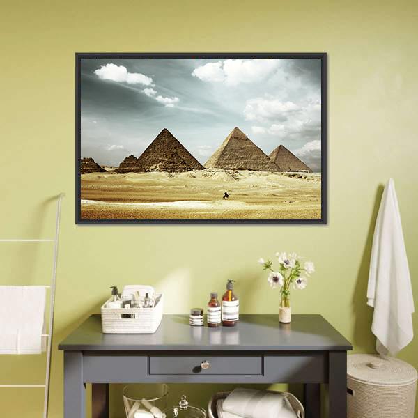 Great Pyramids of Giza Canvas Wall Art in gray, beige and brown, framed canvas, product view on a white background