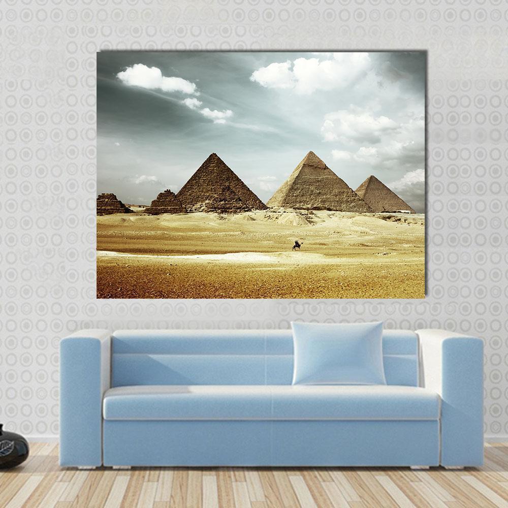 Great Pyramids of Giza Canvas Wall Art in gray, beige and brown, single panel hung on a wall