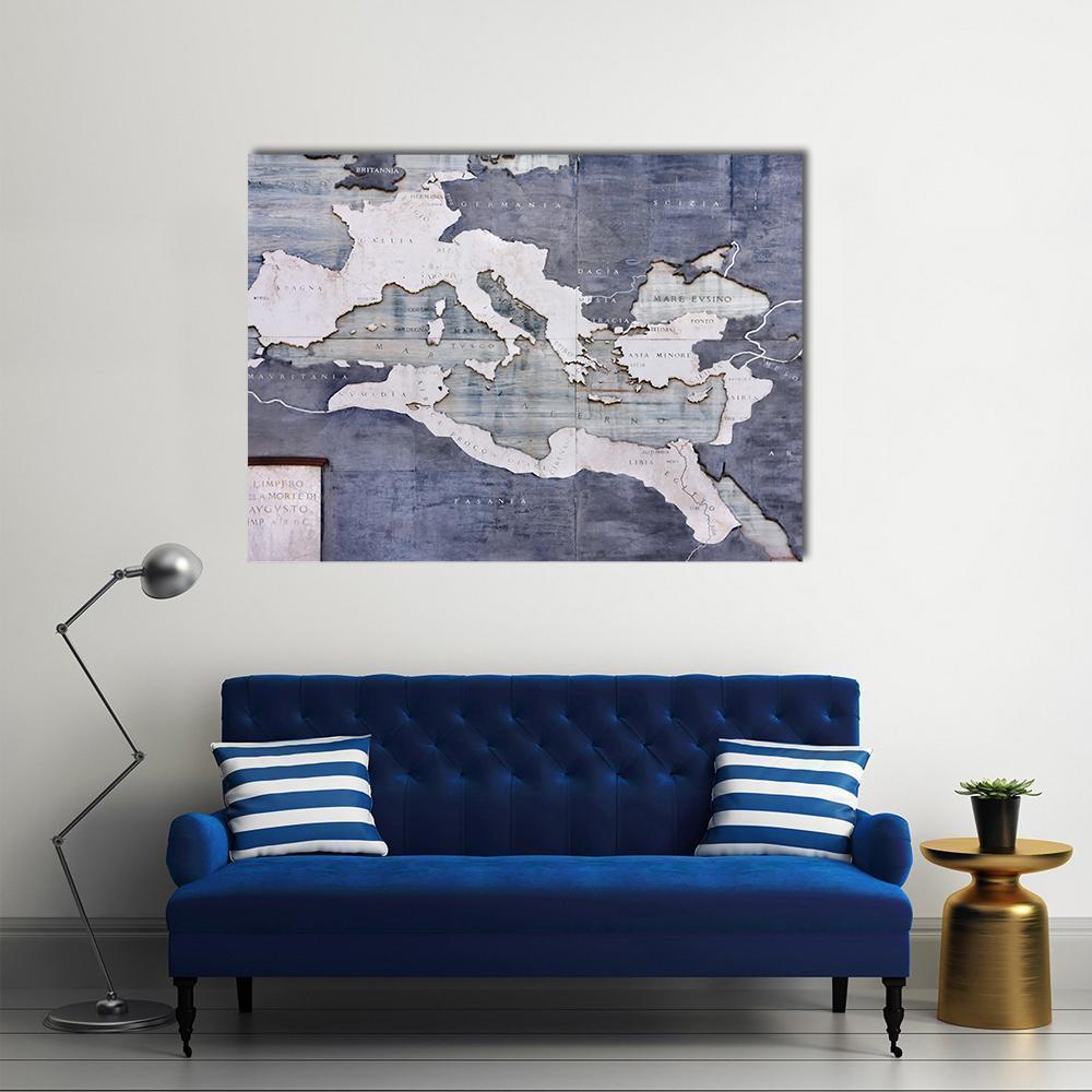 Roman Empire Map on Distressed Wood Canvas Wall Art in gray, beige and blue, single panel hung on a wall