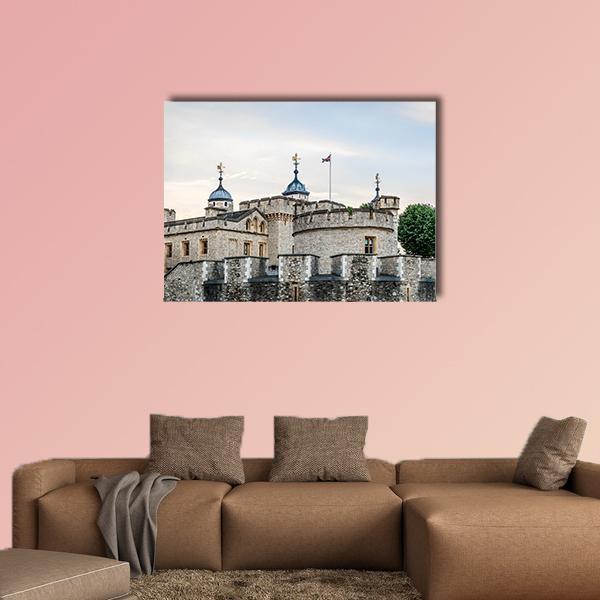 Great Stone Fortress Canvas Wall Art in gray, beige and blue, single panel hung on a wall