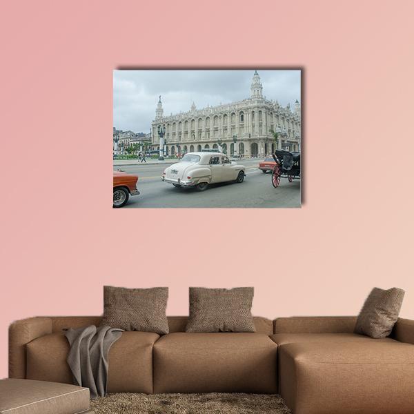 Great Theater of Havana Canvas Wall Art in gray and beige, single panel hung on a wall
