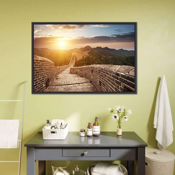 Great of China at Sunset Canvas Wall Art in brown, orange and yellow, framed canvas, product view on a white background