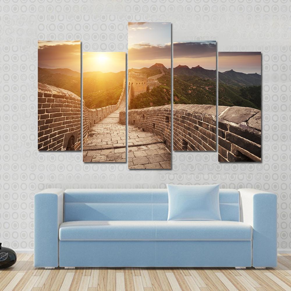 Great Wall Of China At Sunset Canvas Wall Art-5 Pop-Gallery Wrap-47" x 32"-Tiaracle