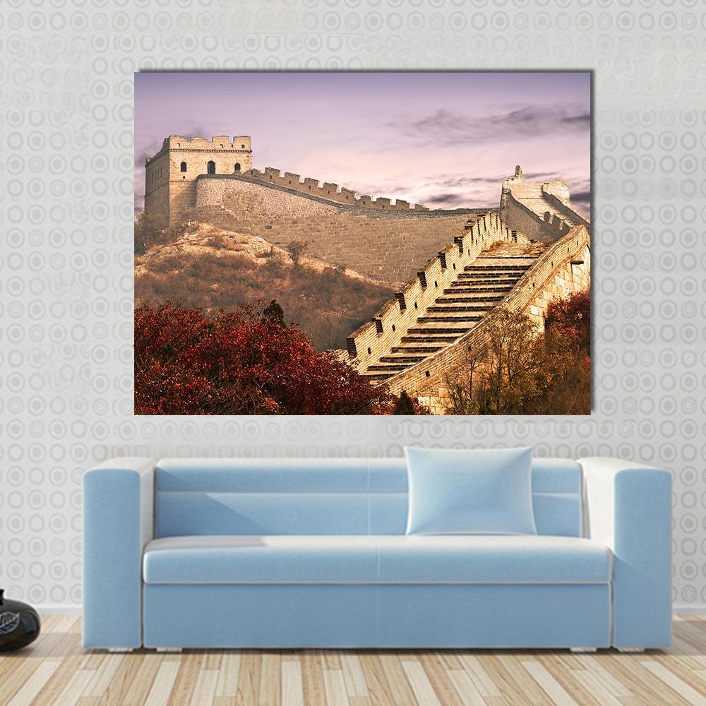 Great of China in the Clouds Canvas Wall Art in beige, brown and purple, single panel hung on a wall