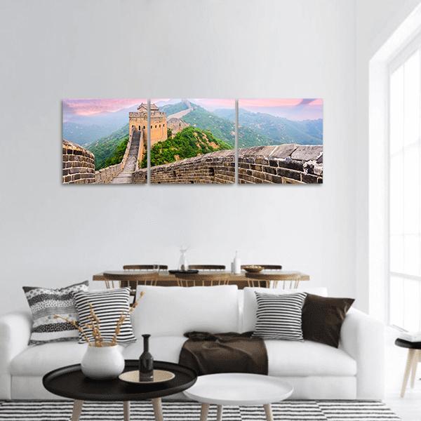 Great of China Under Clouds Panoramic Canvas Wall Art in gray, green and pink, hung on a wall