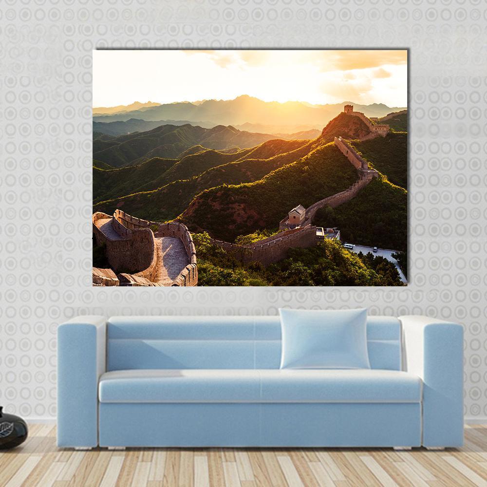 Great of China at Golden Hour Canvas Wall Art in orange, yellow and green, single panel hung on a wall