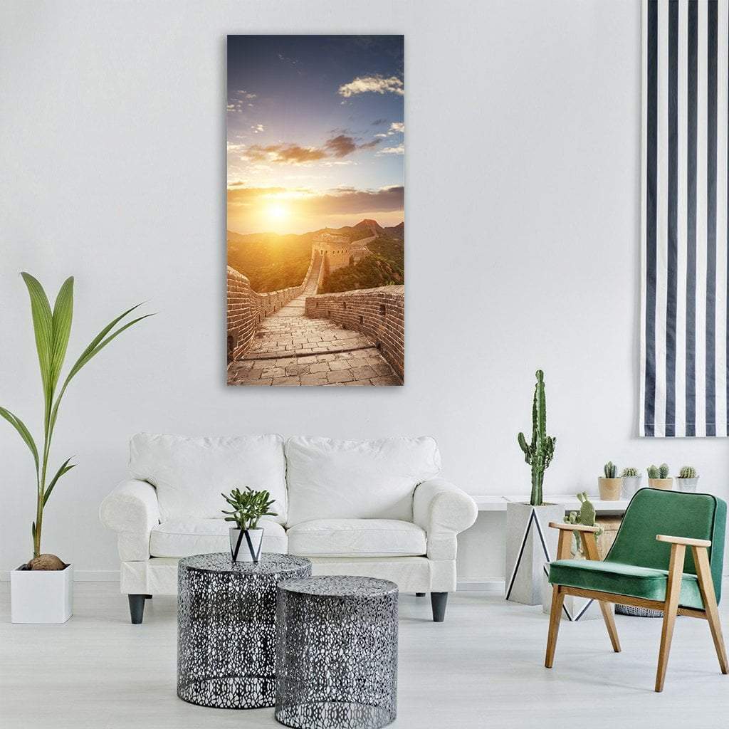 Great of China at Sunset Vertical Canvas Wall Art in orange, yellow and blue, single vertical panel hung on a wall