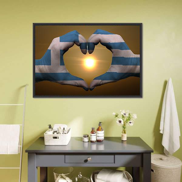 Greece Flag On Hands Canvas Wall Art-1 Piece-Floating Frame-24" x 16"-Tiaracle
