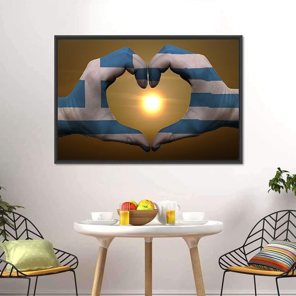 Greece Flag On Hands Canvas Wall Art-3 Horizontal-Gallery Wrap-25" x 16"-Tiaracle