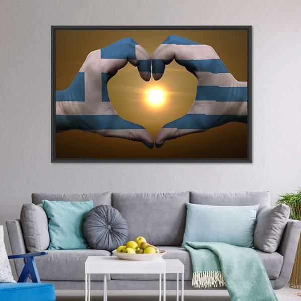 Greece Flag On Hands Canvas Wall Art-5 Horizontal-Gallery Wrap-22" x 12"-Tiaracle