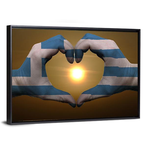 Greece Flag On Hands Canvas Wall Art-5 Horizontal-Gallery Wrap-22" x 12"-Tiaracle