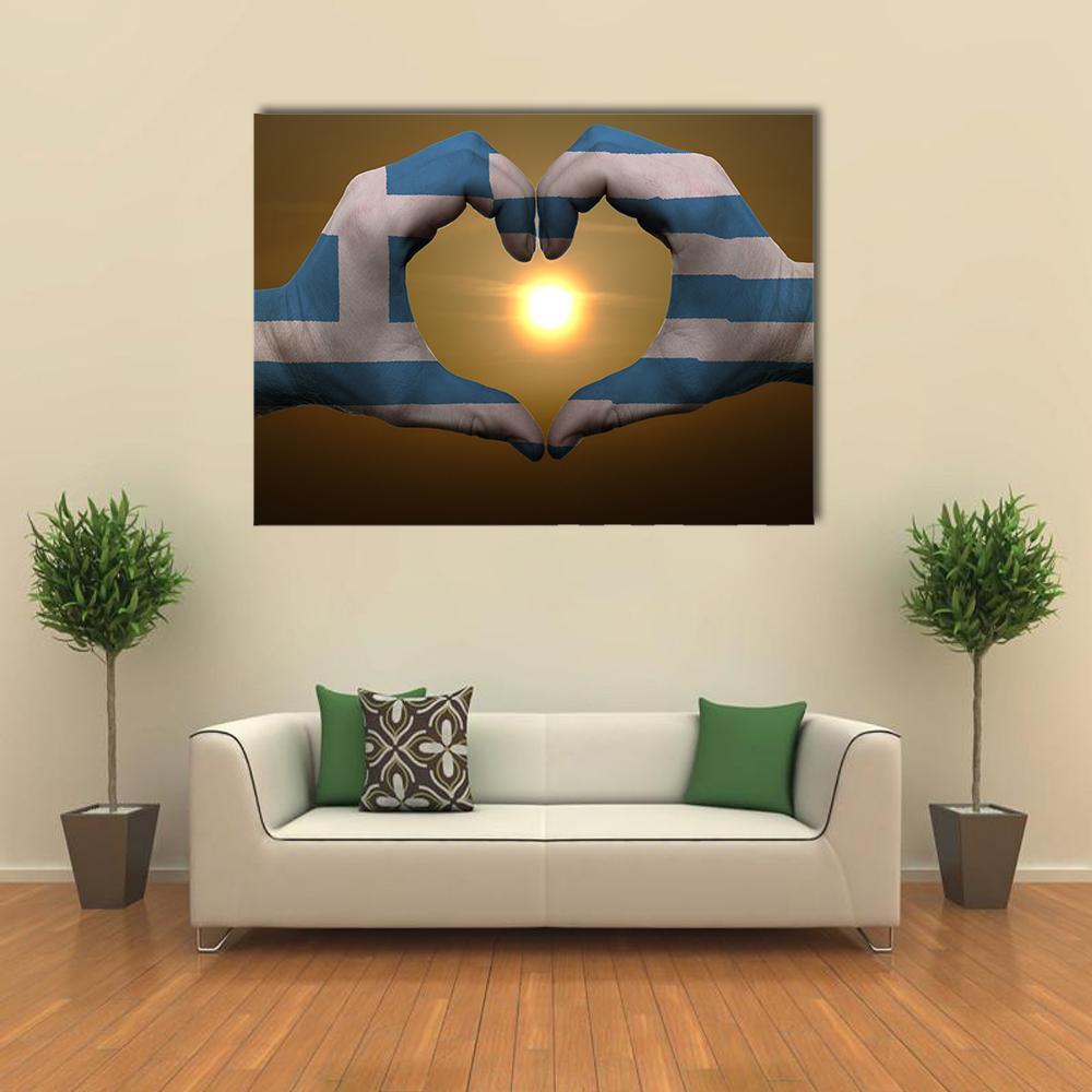 Hands Forming Heart with Greek Flag Canvas Wall Art in white, brown and blue, single panel hung on a wall
