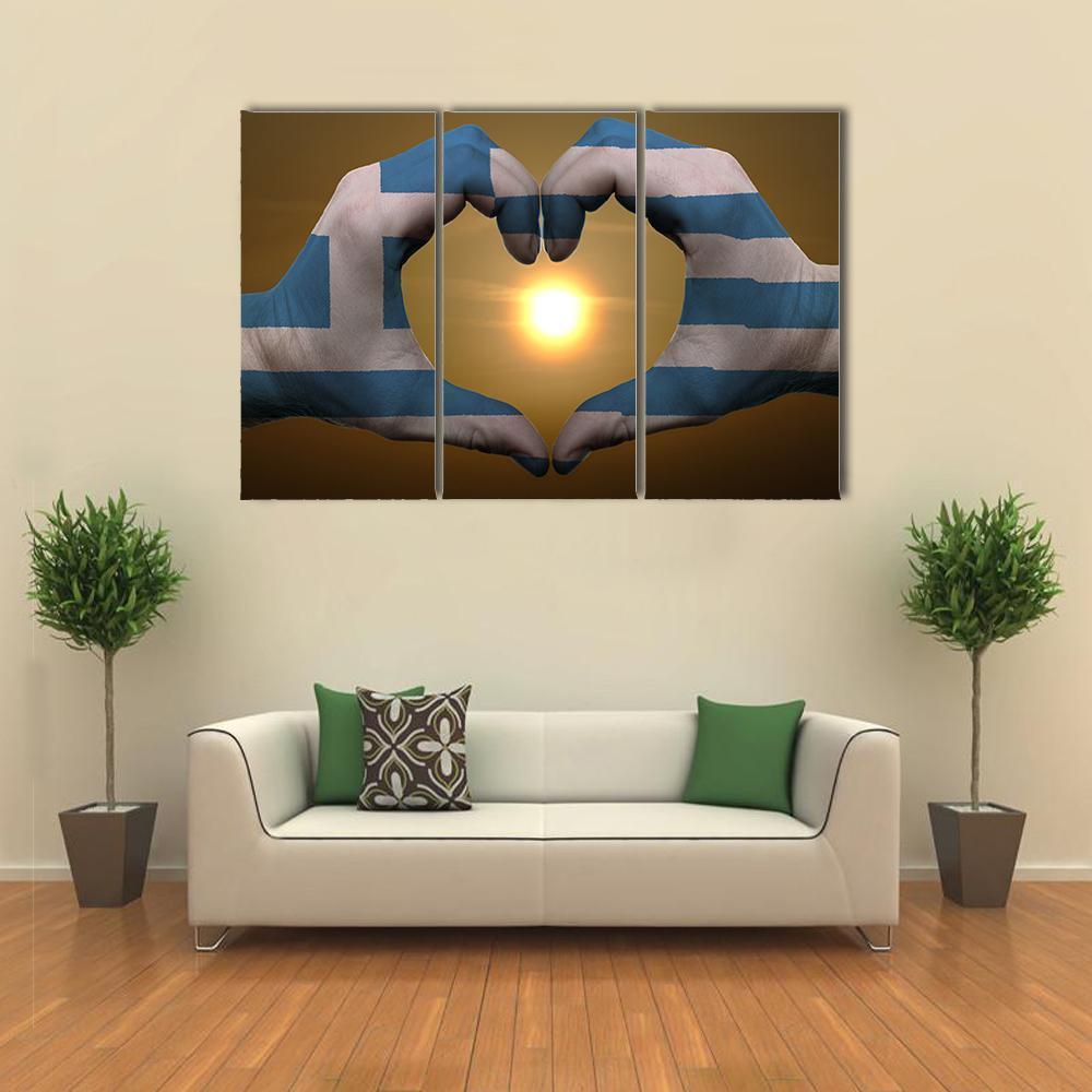 Greece Flag On Hands Canvas Wall Art-3 Horizontal-Gallery Wrap-37" x 24"-Tiaracle