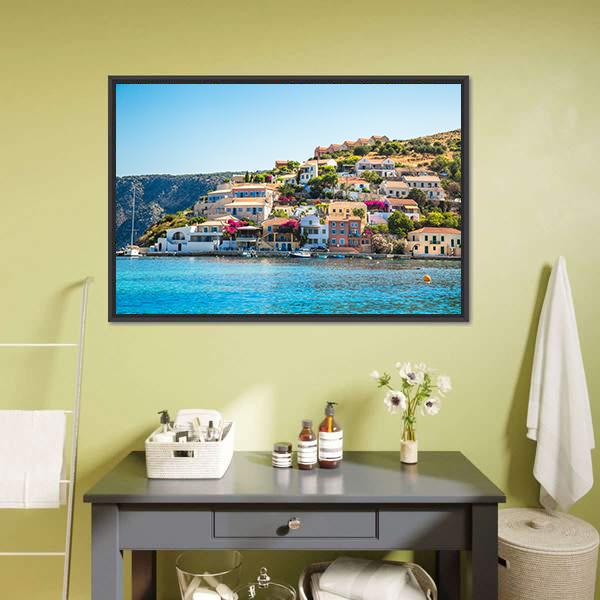 Kefalonia Village by the Sea Canvas Wall Art in beige and blue, framed canvas, product view on a white background