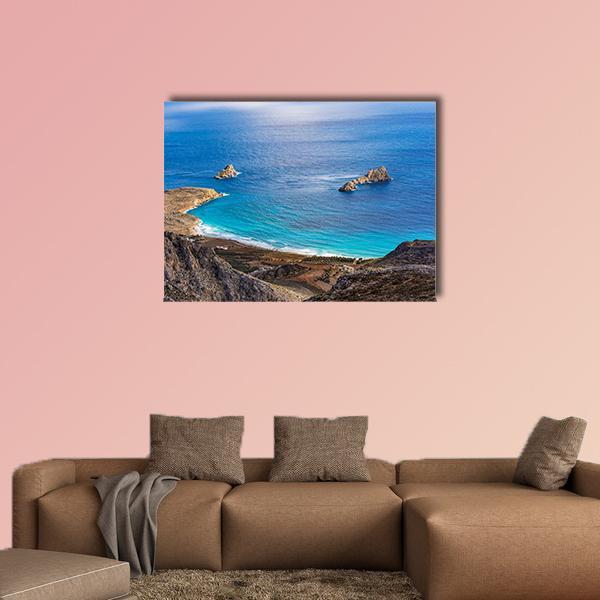 Greek Seascape at Crete Canvas Wall Art in brown and blue, single panel hung on a wall