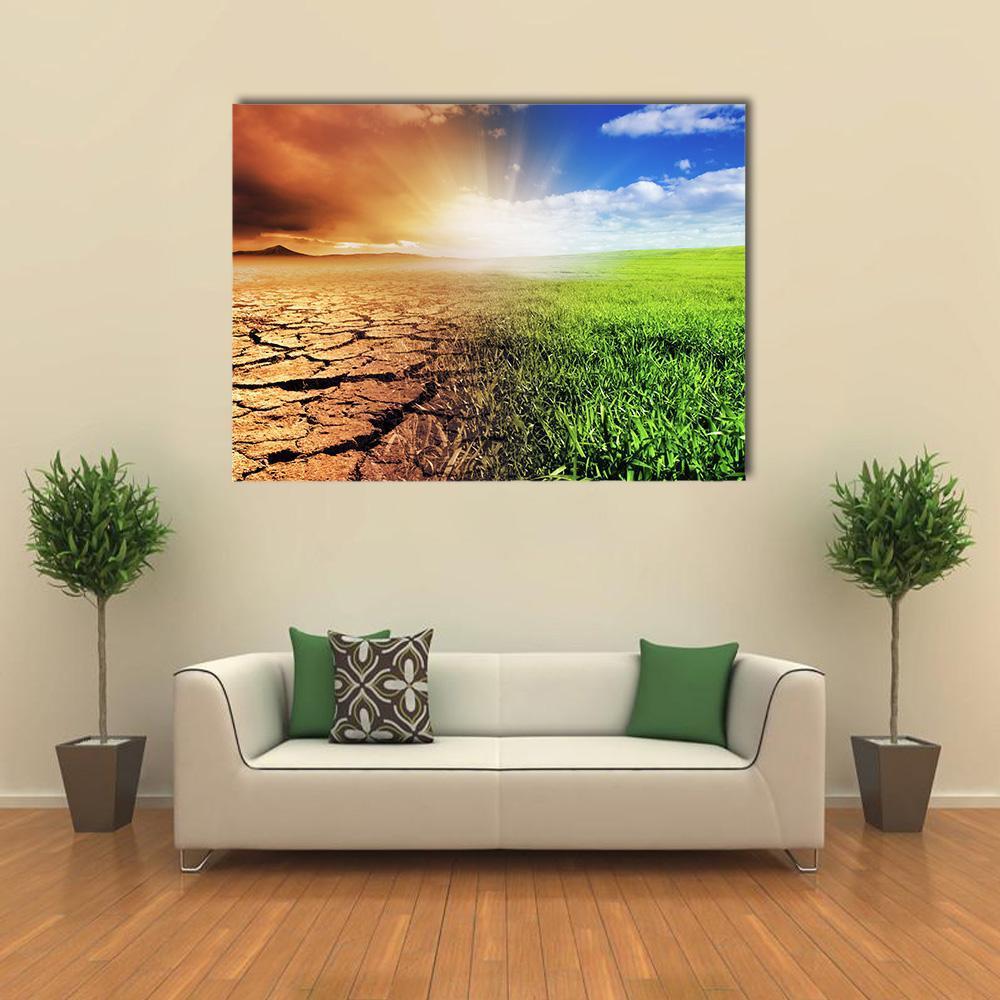 Contrasting Earthscape of Growth and Drought Canvas Wall Art in brown, green and blue, single panel hung on a wall