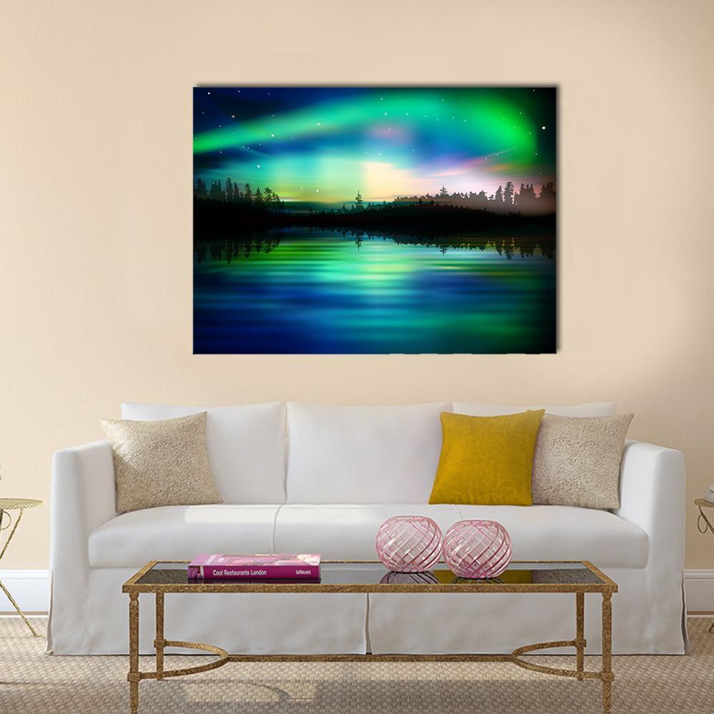Aurora Borealis Reflection Canvas Wall Art in black, green and blue, single panel hung on a wall
