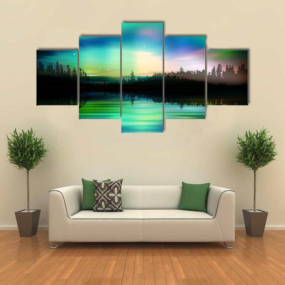 Green Aurora Borealis Canvas Wall Art-5 Star-Gallery Wrap-62" x 32"-Tiaracle