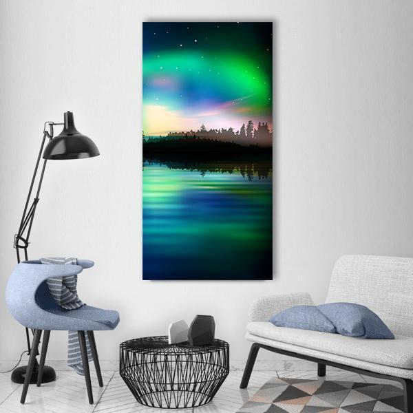 Green Aurora Borealis Over Pine Lake Vertical Canvas Wall Art in black, green and blue, hung on a wall