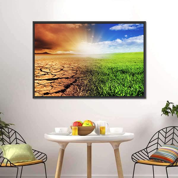 Green &amp; Barren Earth Concept Canvas Wall Art-1 Piece-Floating Frame-24" x 16"-Tiaracle