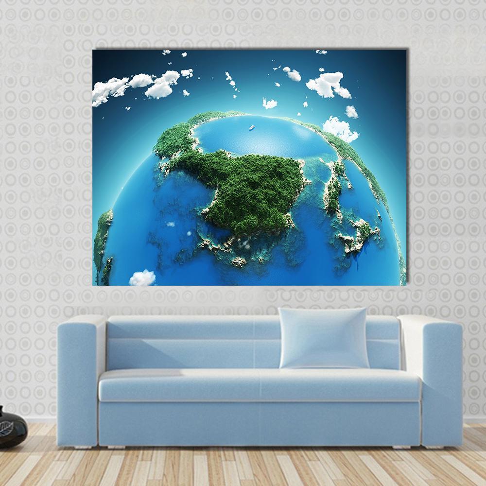 Green &amp; Blue Planet Earth Canvas Wall Art in white, green and blue, single panel hung on a wall
