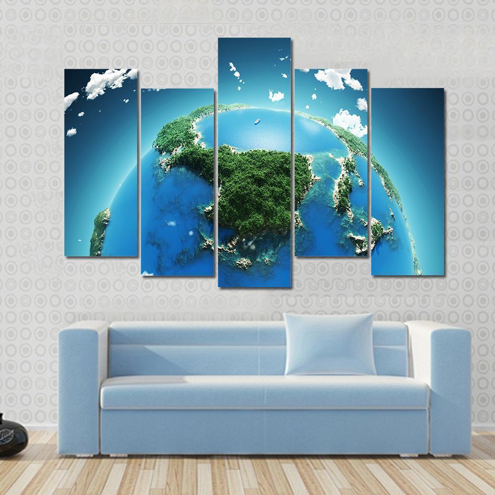 Green &amp; Blue Planet Earth Canvas Wall Art-5 Pop-Gallery Wrap-47" x 32"-Tiaracle