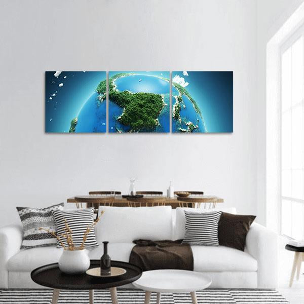 Green and Blue Planet Earth Panoramic Canvas Wall Art in white, green and blue, hung on a wall