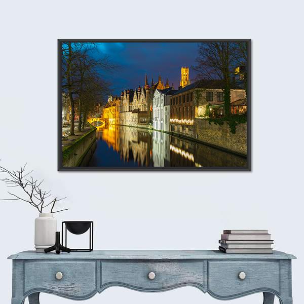 Green Canal In Bruges Canvas Wall Art-1 Piece-Floating Frame-24" x 16"-Tiaracle
