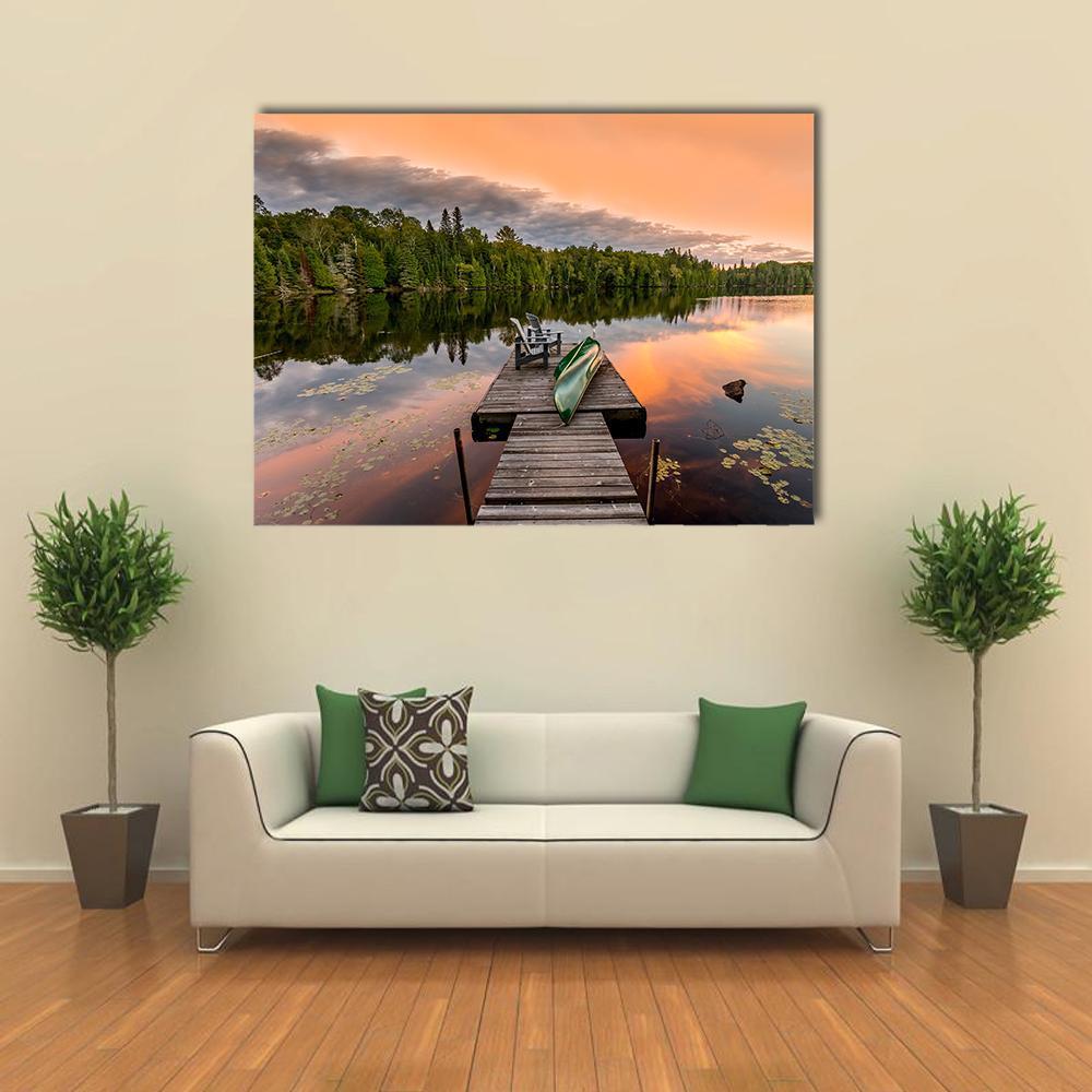 Green Canoe & Chairs On Lake Canvas Wall Art-4 Square-Gallery Wrap-17" x 17"-Tiaracle