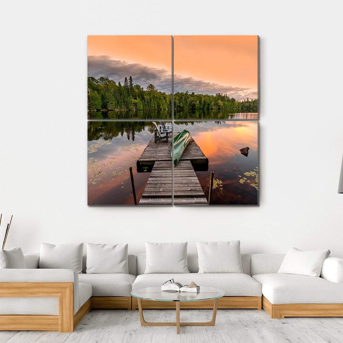 Green Canoe &amp; Chairs On Lake Canvas Wall Art-4 Square-Gallery Wrap-17" x 17"-Tiaracle