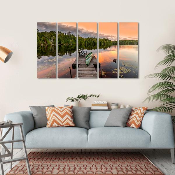 Green Canoe & Chairs On Lake Canvas Wall Art-5 Horizontal-Gallery Wrap-22" x 12"-Tiaracle