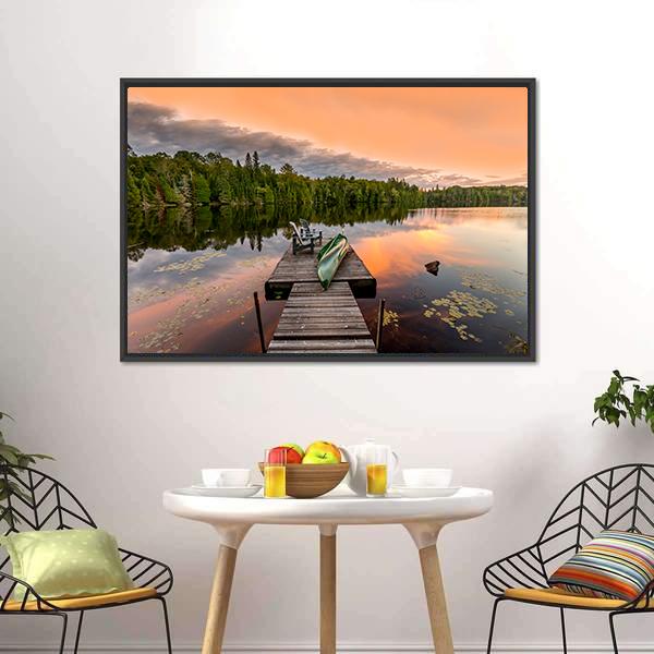 Green Canoe &amp; Chairs On Lake Canvas Wall Art-5 Horizontal-Gallery Wrap-22" x 12"-Tiaracle