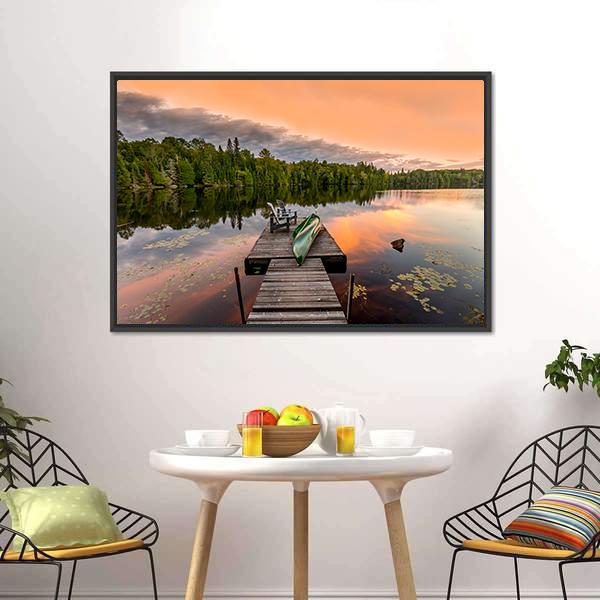 Green Canoe &amp; Chairs On Lake Canvas Wall Art-3 Horizontal-Gallery Wrap-25&quot; x 16&quot;-Tiaracle
