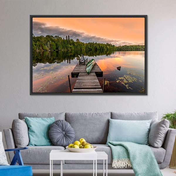 Green Canoe & Chairs On Lake Canvas Wall Art-5 Horizontal-Gallery Wrap-22" x 12"-Tiaracle