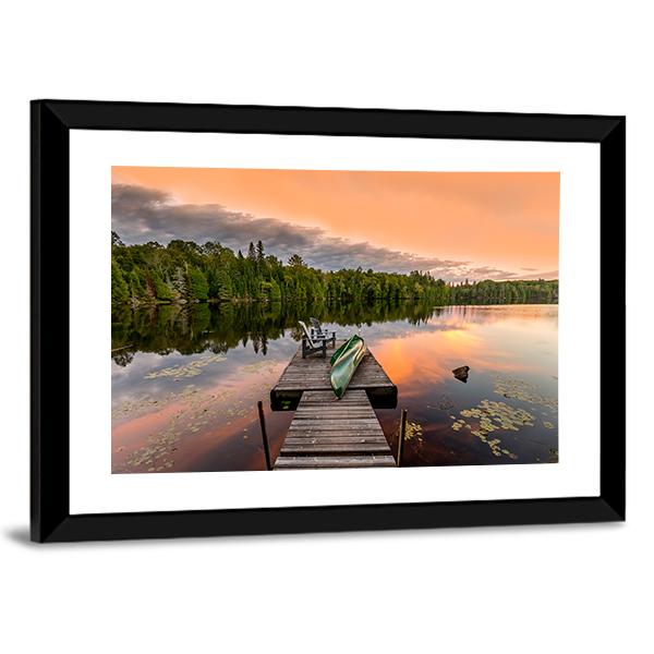 Green Canoe & Chairs On Lake Canvas Wall Art-5 Horizontal-Gallery Wrap-22" x 12"-Tiaracle
