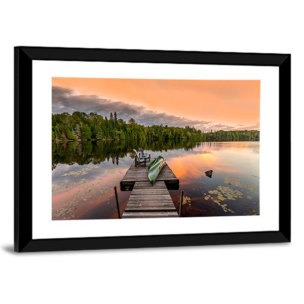 Green Canoe &amp; Chairs On Lake Canvas Wall Art-3 Horizontal-Gallery Wrap-25&quot; x 16&quot;-Tiaracle
