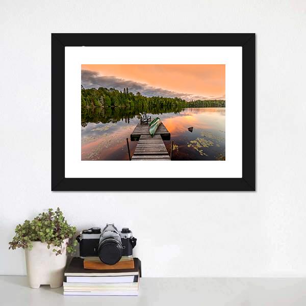 Green Canoe &amp; Chairs On Lake Canvas Wall Art-1 Piece-Framed Print-20&quot; x 16&quot;-Tiaracle